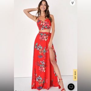 Lulu’s Bloom With a View Red Floral Print Two-Piece Maxi Dress, size XS